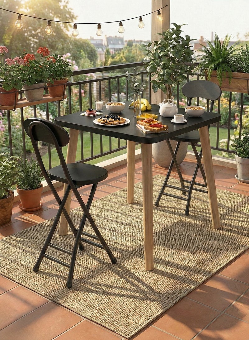 Taimi 3-Piece Dining Set, Elegant Design Square Dining Table With 2 Chairs | Solid Wood Table 80x80x72cm With 2 Folding Chairs With Metal Frame - Black - Image 2